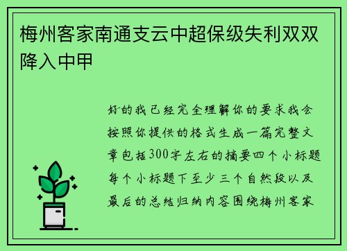 梅州客家南通支云中超保级失利双双降入中甲 梅州客家南通支云中超保级失利双双降入中甲