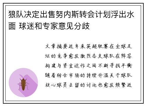 狼队决定出售努内斯转会计划浮出水面 球迷和专家意见分歧