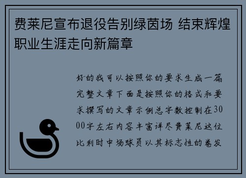 费莱尼宣布退役告别绿茵场 结束辉煌职业生涯走向新篇章 费莱尼宣布退役告别绿茵场 结束辉煌职业生涯走向新篇章