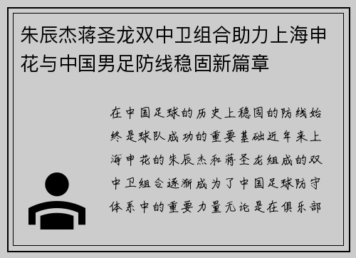 朱辰杰蒋圣龙双中卫组合助力上海申花与中国男足防线稳固新篇章